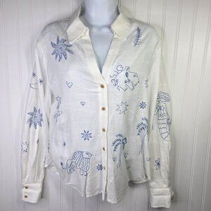 Calypso St Barth Shirt Womens S White Embroidered Star Moon Mermaid Boho Relaxed